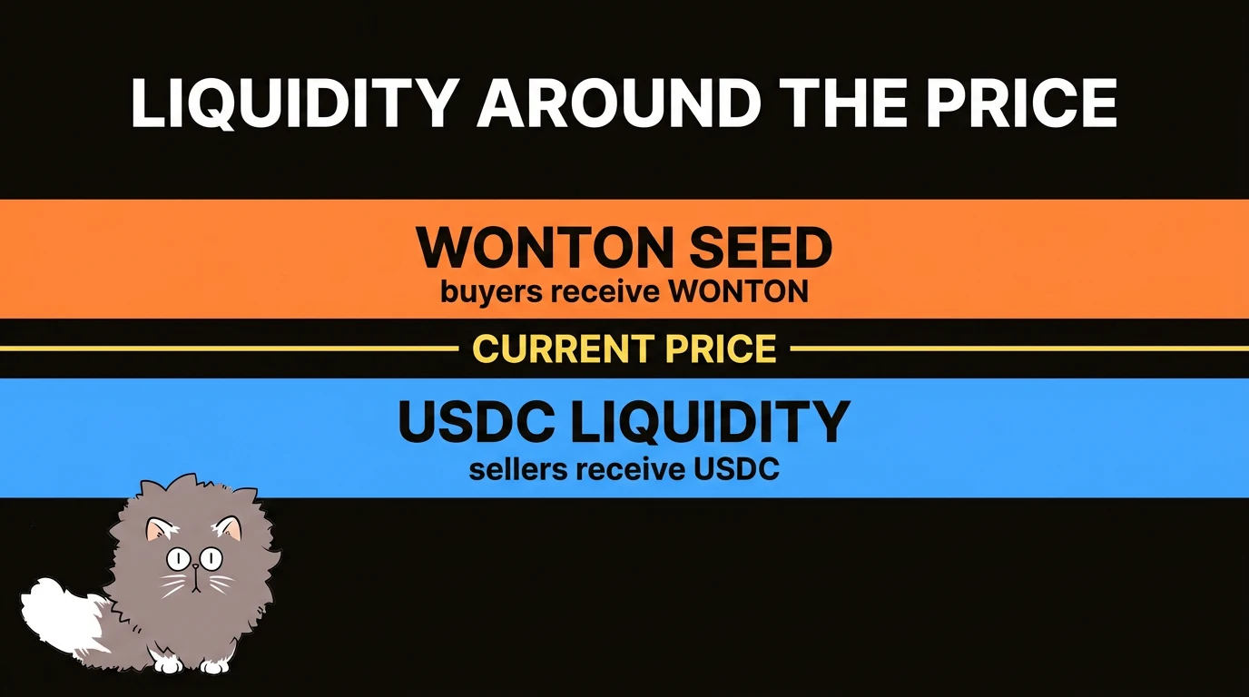 Diagram: WONTON seed liquidity above the current price, USDC liquidity below it.
